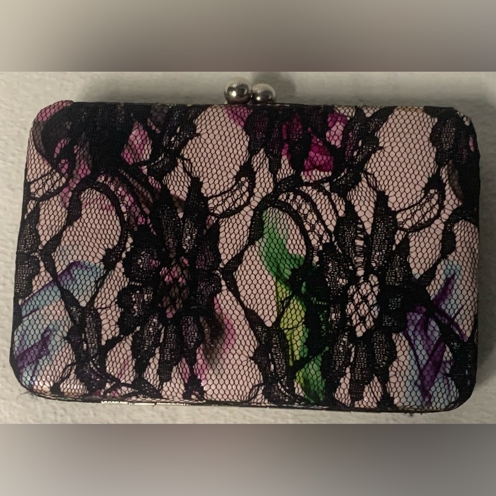 Elegant Black Lace Overlay Clutch Purse Floral Evening Bag/Wallet New